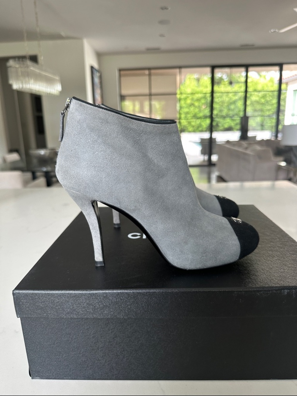 CHANEL Gray Suede Ankle Booties with Black Cap Toe - Picture 2 of 8